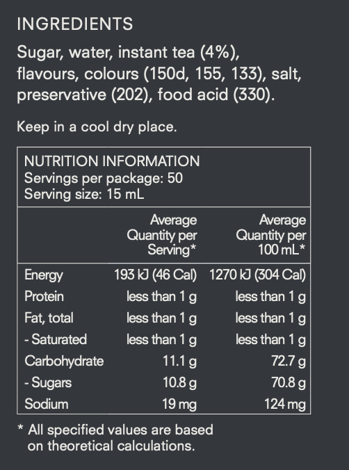 Nutrition information panel for 7M Chai Syrup 750ml