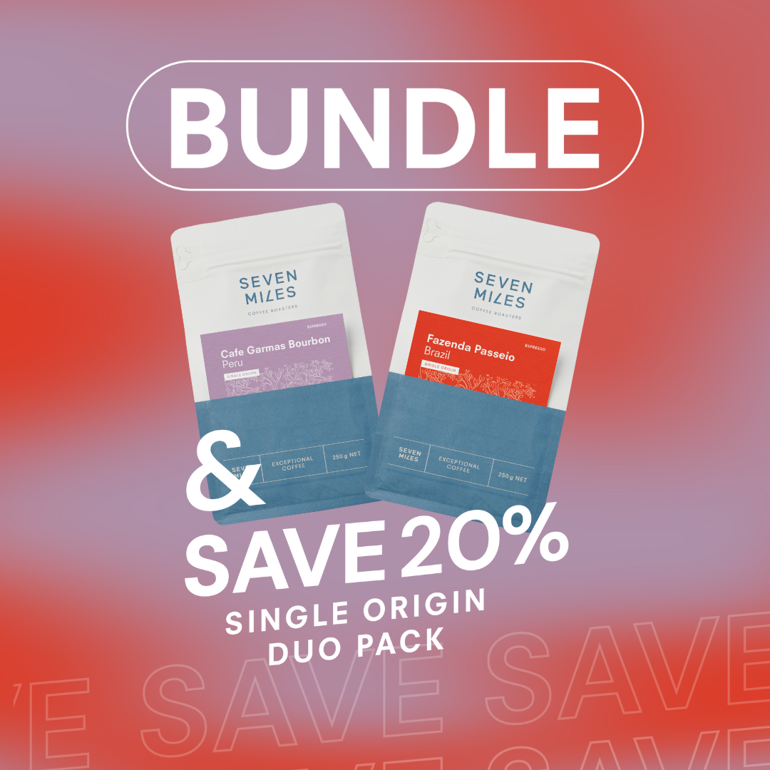 Two coffee packages with 'Seven Miles' branding on a gradient background, promoting a bundle offer.