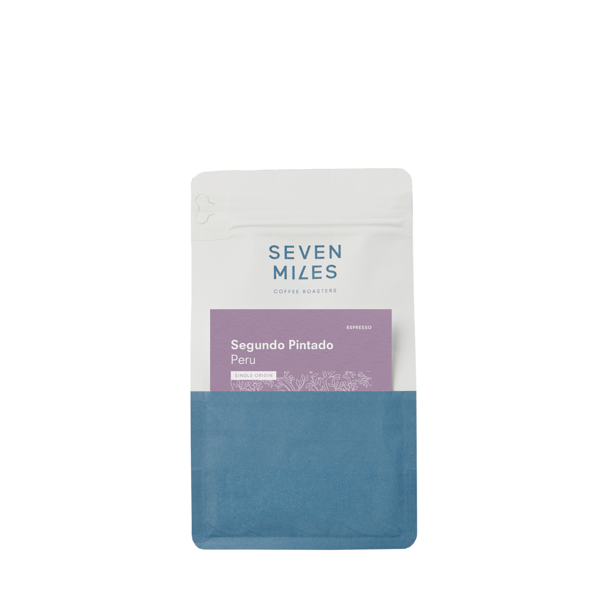 Seven Miles coffee package with blue and white design on a white background