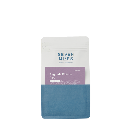 Seven Miles coffee package with blue and white design on a white background