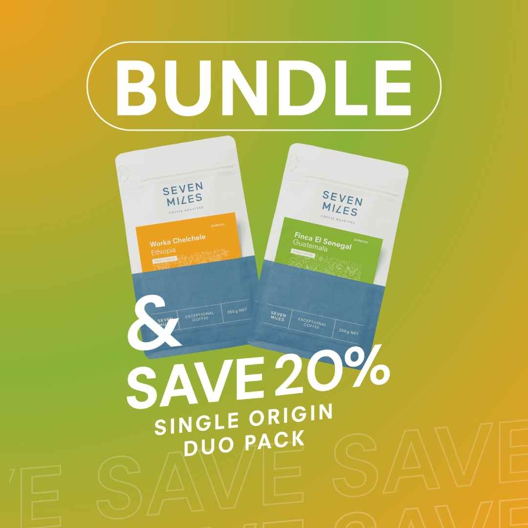 Two coffee packages with 'Seven Miles' branding on a gradient background, promoting a bundle offer.