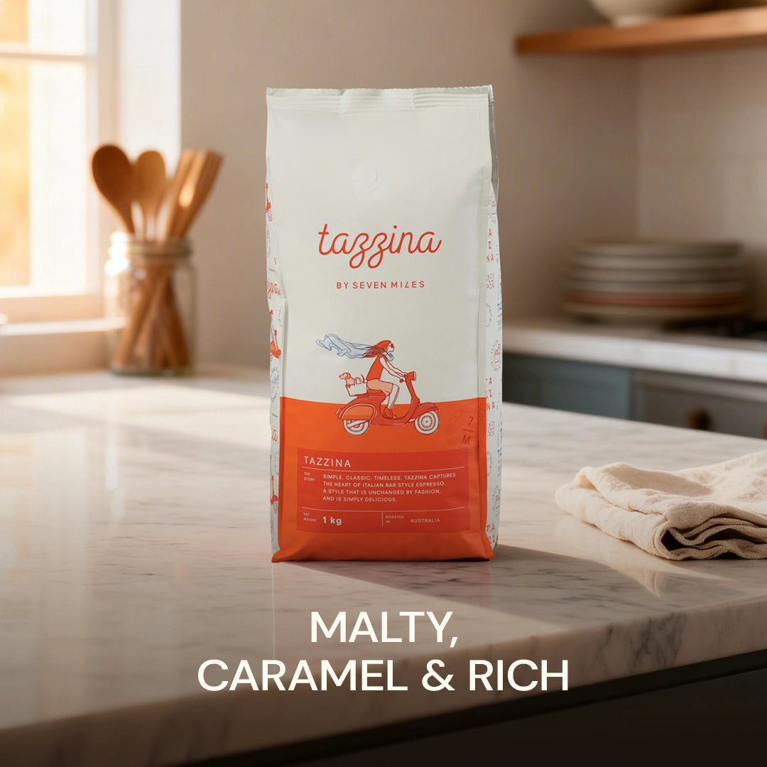 Seven Miles Tazzina 1kg whole bean coffee – Malty, Caramel & Rich specialty blend