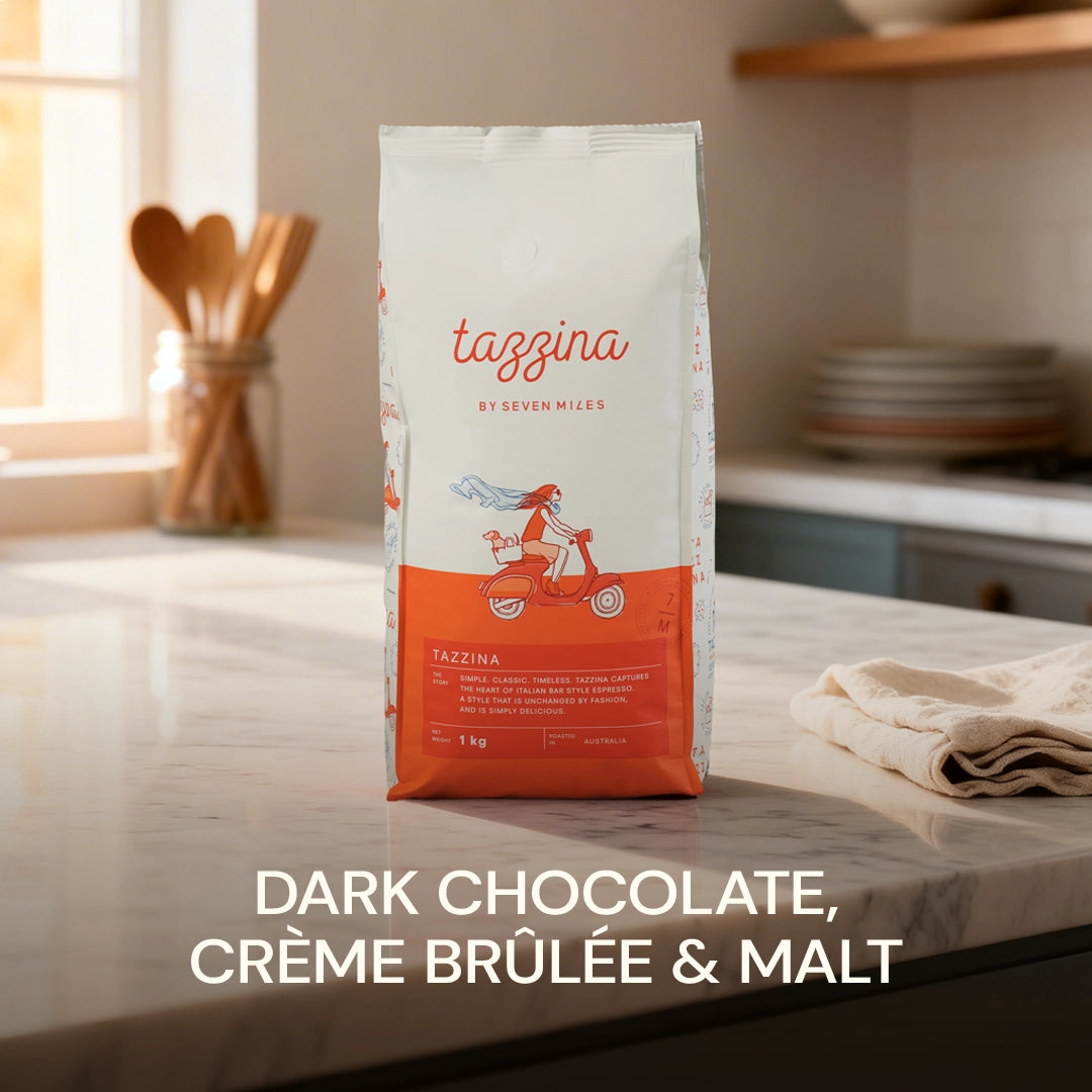 Seven Miles Tazzina 1kg whole bean coffee –Dark Chocolate, Crème brûlée & Malt specialty blend