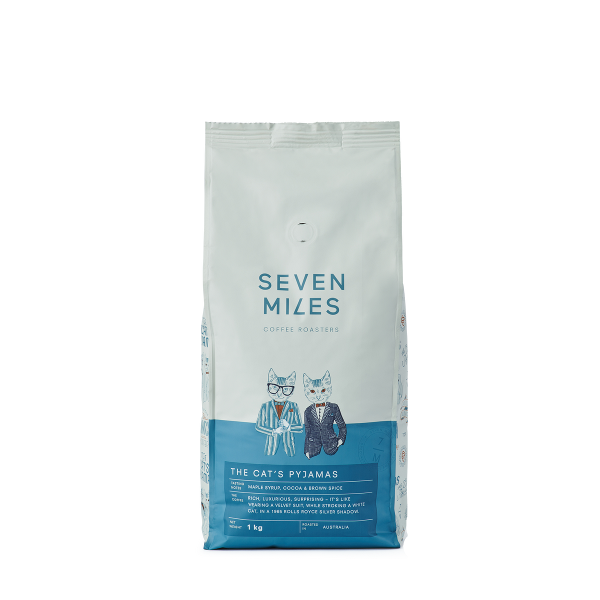 Seven Miles Coffee 1kg whole bean bag – premium Australian specialty roasted coffee.