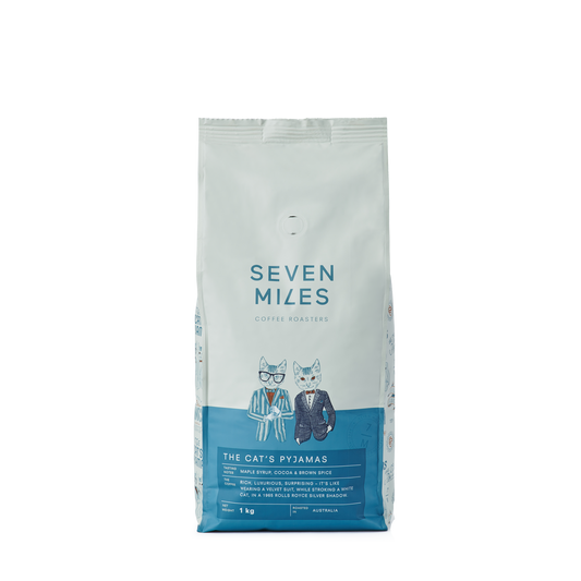 Seven Miles Coffee 1kg whole bean bag – premium Australian specialty roasted coffee.