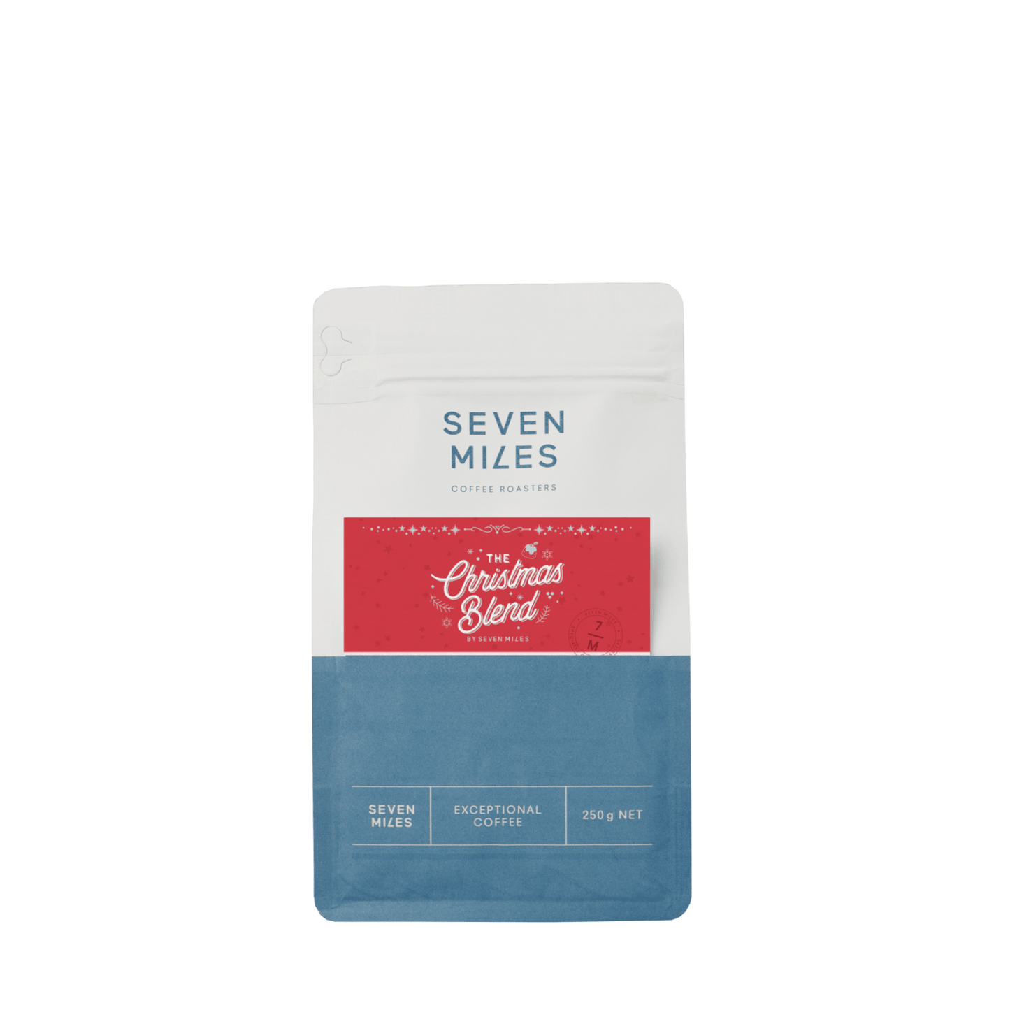 Seven Miles Coffee Roasters Christmas Blend packaging on a white background, festive holiday coffee bag design featuring the Seven Miles logo and seasonal colors.