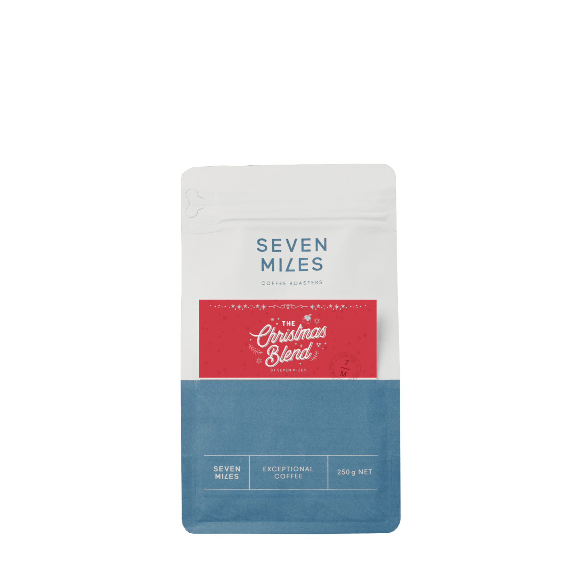 Seven Miles Coffee Roasters Christmas Blend packaging on a white background, festive holiday coffee bag design featuring the Seven Miles logo and seasonal colors.
