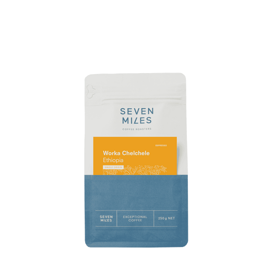 Ethiopian Single Origin rom Seven Miles Coffee coffee package with 'Worka Chelchеlе Ethiopia' Espresso roast 