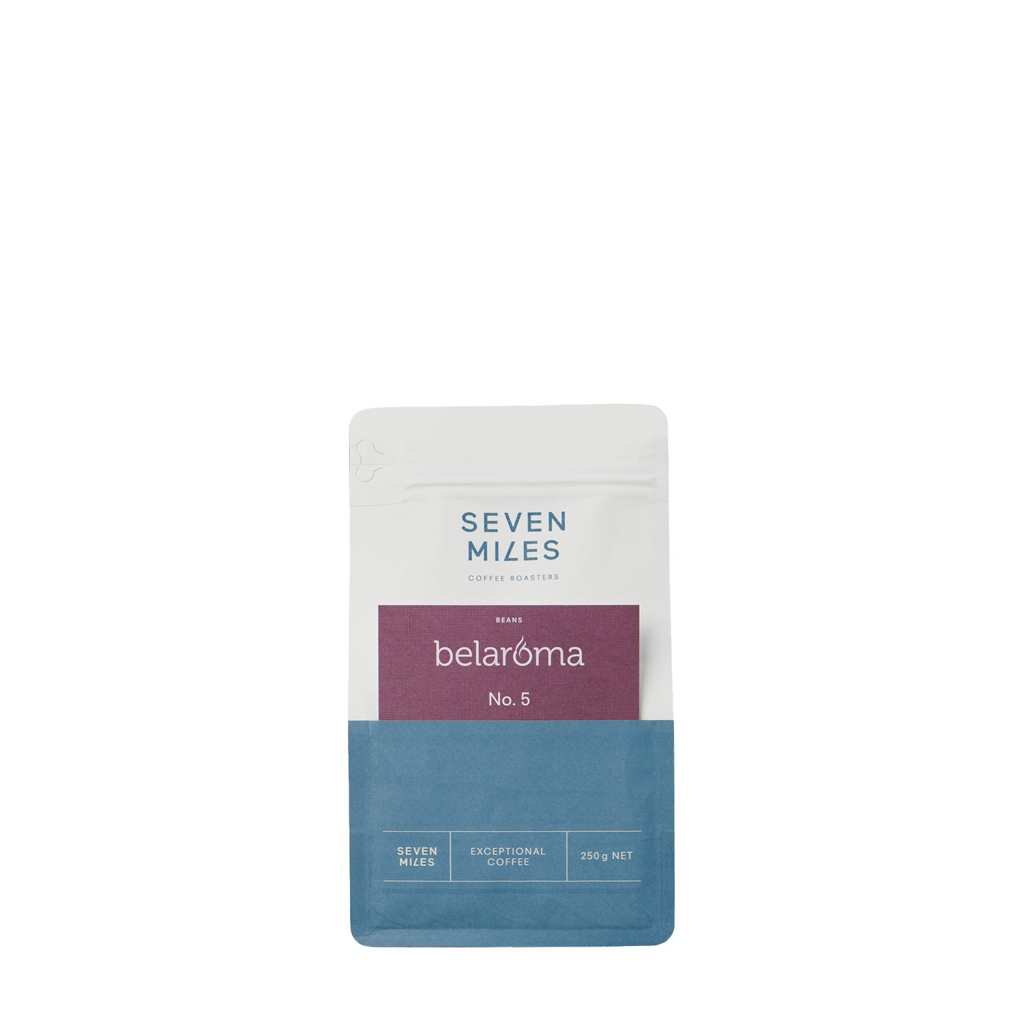 Seven Miles Coffee Belaroma No 5 250g is based on the classic Belaroma 'Supreme' blend, No 5 is loved for its smooth, balanced taste. The blend produces a beautiful aroma of roasted peanuts and sweet delicate florals. As an espresso, No5 is a great balance of sweetness, acidity and bitterness. With milk, this complex espresso has notes of milk chocolate and peanuts.