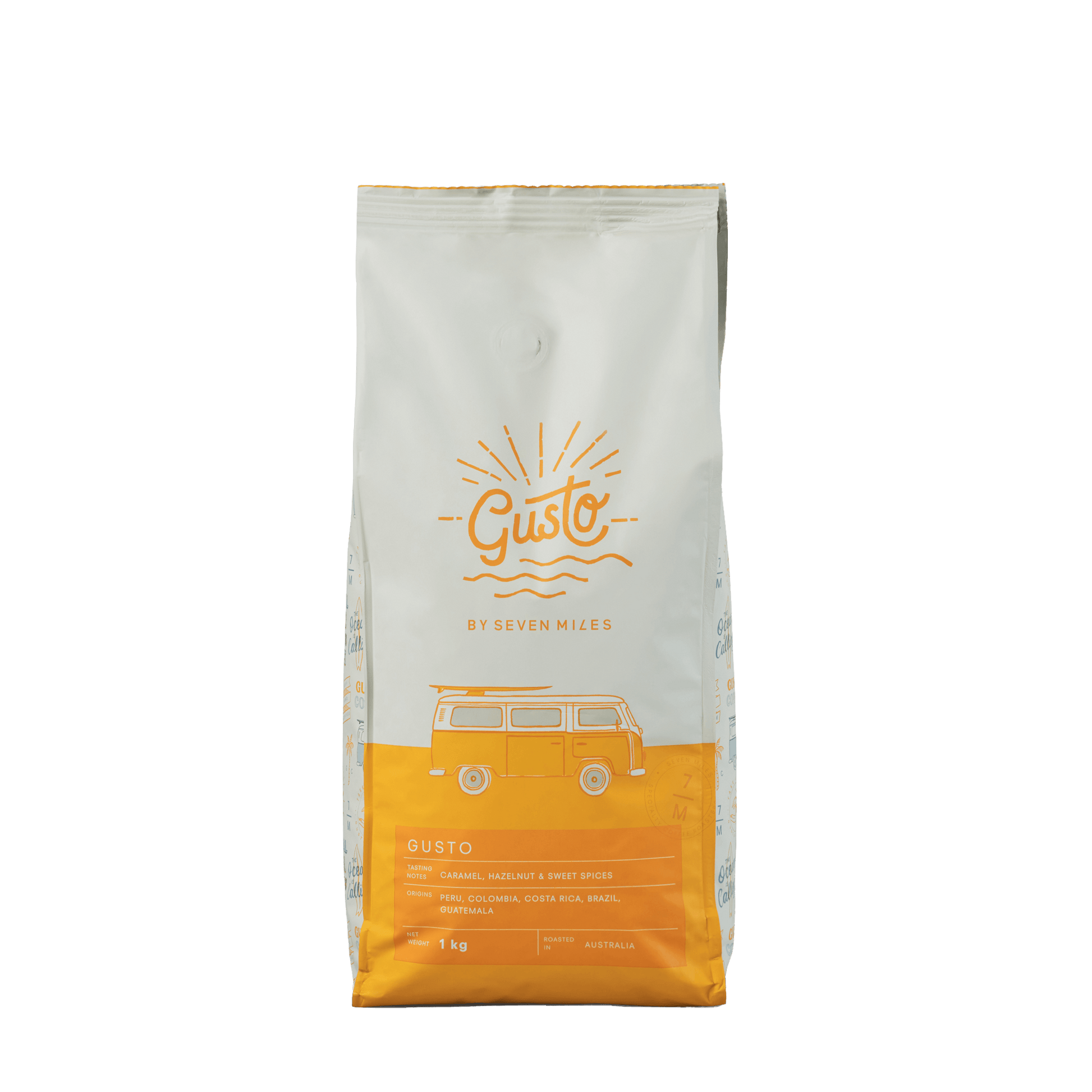 The Seven Miles Gusto 1kg coffee blend features the smooth, sweet flavours of the best Latin American coffee beans. Gusto is intense but smooth with tasting notes of Caramel, Hazelnut & Sweet Spices. As a flat white, latte or cappuccino, it makes a beautiful milk coffee with the flavours cutting through.