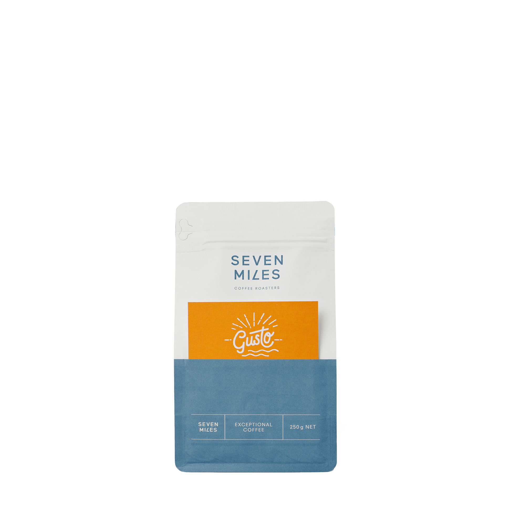 The Seven Miles Gusto 250g coffee blend features the smooth, sweet flavours of the best Latin American coffee beans. Gusto is intense but smooth with tasting notes of Caramel, Hazelnut & Sweet Spices. As a flat white, latte or cappuccino, it makes a beautiful milk coffee with the flavours cutting through.