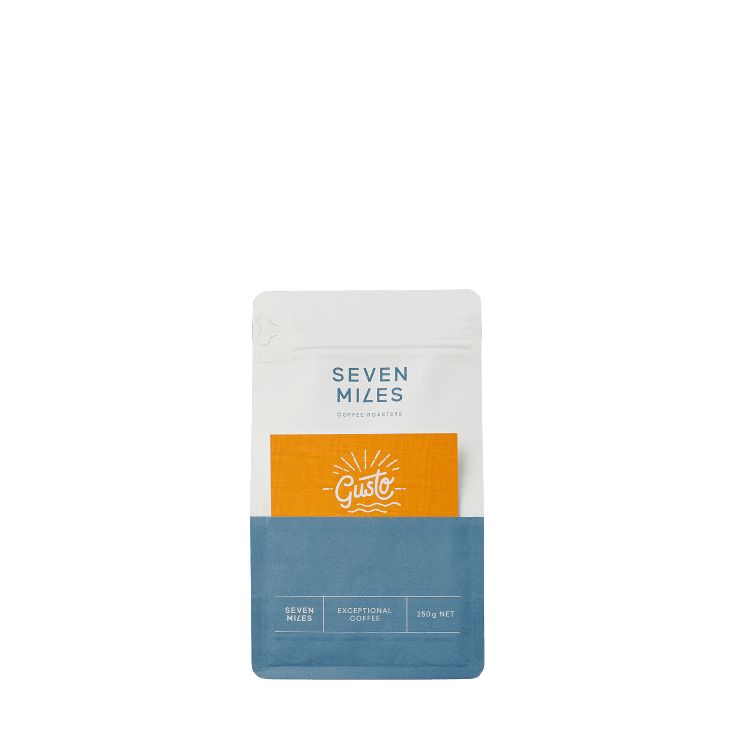 The Seven Miles Gusto 250g coffee blend features the smooth, sweet flavours of the best Latin American coffee beans. Gusto is intense but smooth with tasting notes of Caramel, Hazelnut & Sweet Spices. As a flat white, latte or cappuccino, it makes a beautiful milk coffee with the flavours cutting through.