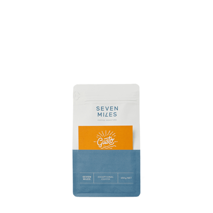 The Seven Miles Gusto 250g coffee blend features the smooth, sweet flavours of the best Latin American coffee beans. Gusto is intense but smooth with tasting notes of Caramel, Hazelnut & Sweet Spices. As a flat white, latte or cappuccino, it makes a beautiful milk coffee with the flavours cutting through.