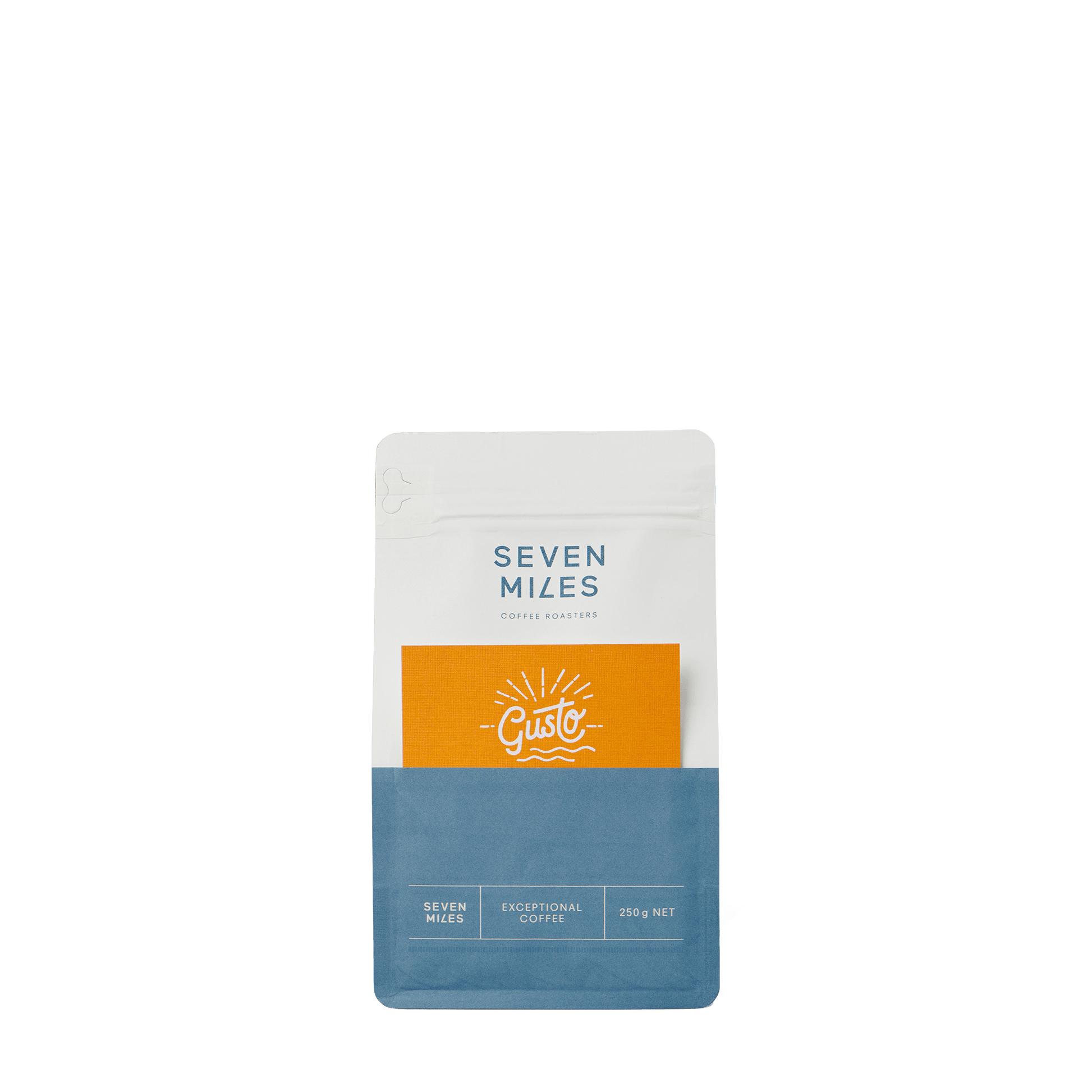 Seven Miles Gusto whole coffee beans 250G bag - tasting notes Caramel, Hazelnut and Sweet Spices.