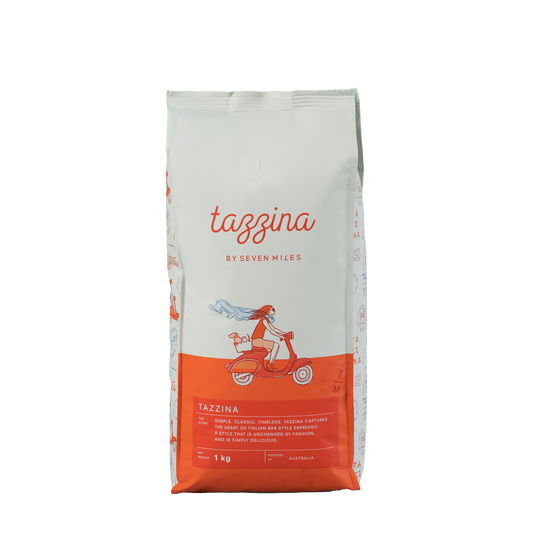 Tazzina Café 1kg bag is the classic espresso. A blend of arabica & robusta coffees deliver a malty, caramel sweetness with a deep, long-lasting crema.  With milk, the full-body of this blend maintains its strength and sweetness.