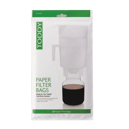 Replacement paper filter bags for the Toddy Cold Brewing System (Pack of 20)  Theses filters fit the original (domestic) Toddy Cold Brew Coffee Maker and help extract more flavour from the coffee, and make clean up a whole lot easier.