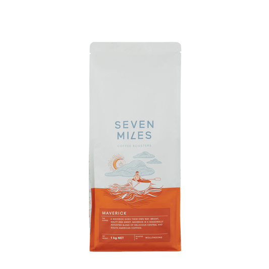 The Seven Miles Maverick Coffee 1kg Blend goes its own way. Bright, malty and sweet, this coffee works both as straight up espresso and for cutting through milk. A rich seasonally adjusted blend of Central and South American coffees, Maverick deftly chooses the path less travelled.